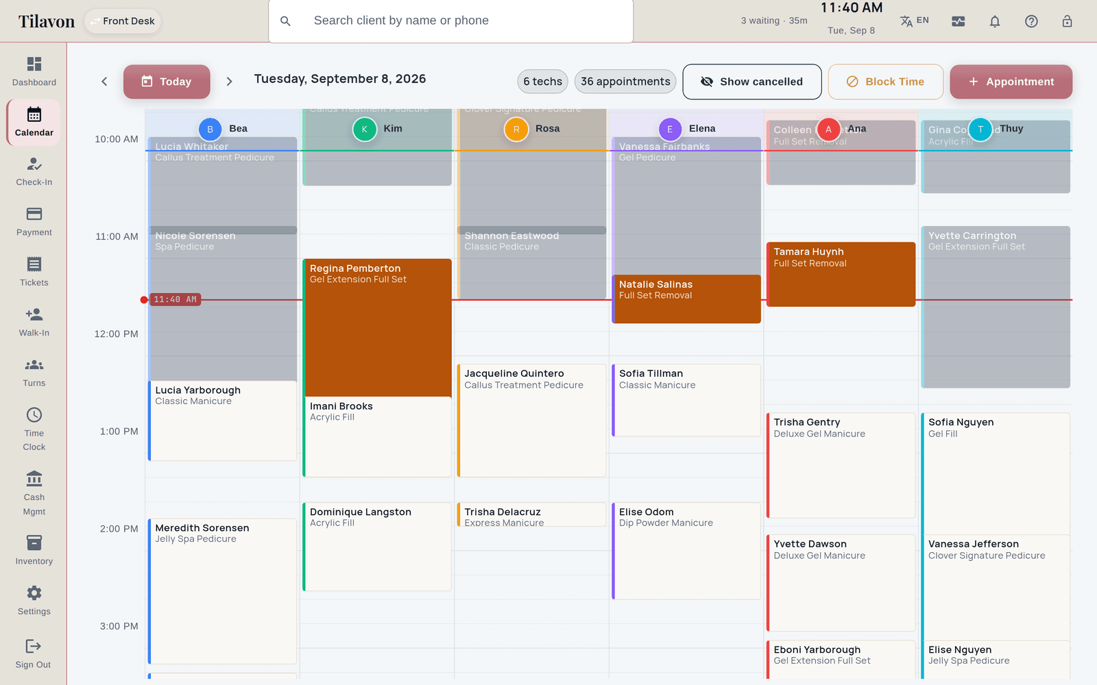 Tilavon salon calendar showing a column per technician across a working day, with completed morning appointments, services in progress at the current-time line, and a booked afternoon.